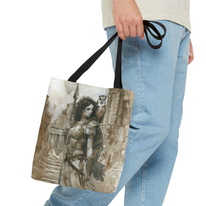 Athena's Wisdom Tote Bag, Dual-Sided Greek Warrior Goddess, Owl Sentinel, Mythic Elegance, Versatile Fashion Accessory