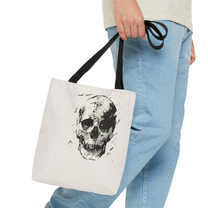 Grunge Skull Print Double Sided Tote Bag (3 Sizes), Monochrome Gothic Art Decor, Stylish Edgy Fashion, Black Handles, Minimalist Cryptic Aesthetic