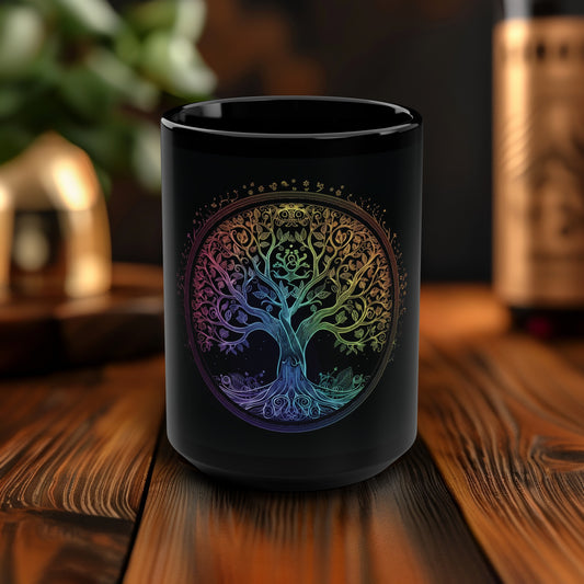 Mystic Arbor 15oz Black Ceramic Mug, Enchanted Tree of Life Motif, Magical Spectrum Design, Folklore Forest Decor, Radiant Nature Drinkware