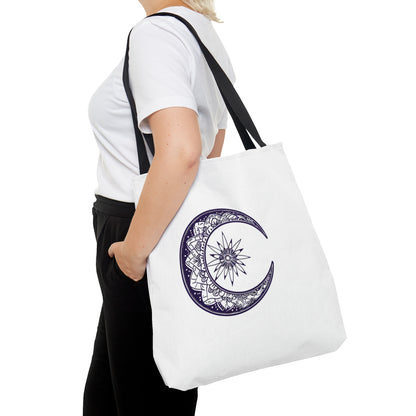 Mandala Crescent Moon Polyester Tote Bag (3 Sizes), Intricate Bohemian Design, Spiritual Zen Fashion Style, Black Handles, Celestial Aesthetic