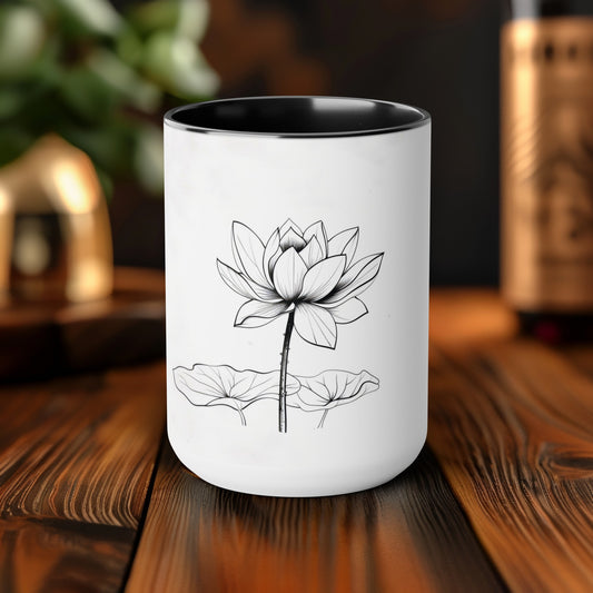 Zen Lotus 15oz Mug with Black Accents, Elegant Floral Line Art, Serene Two-Tone Cup for Tea and Coffee, Ideal for Mindful Mornings