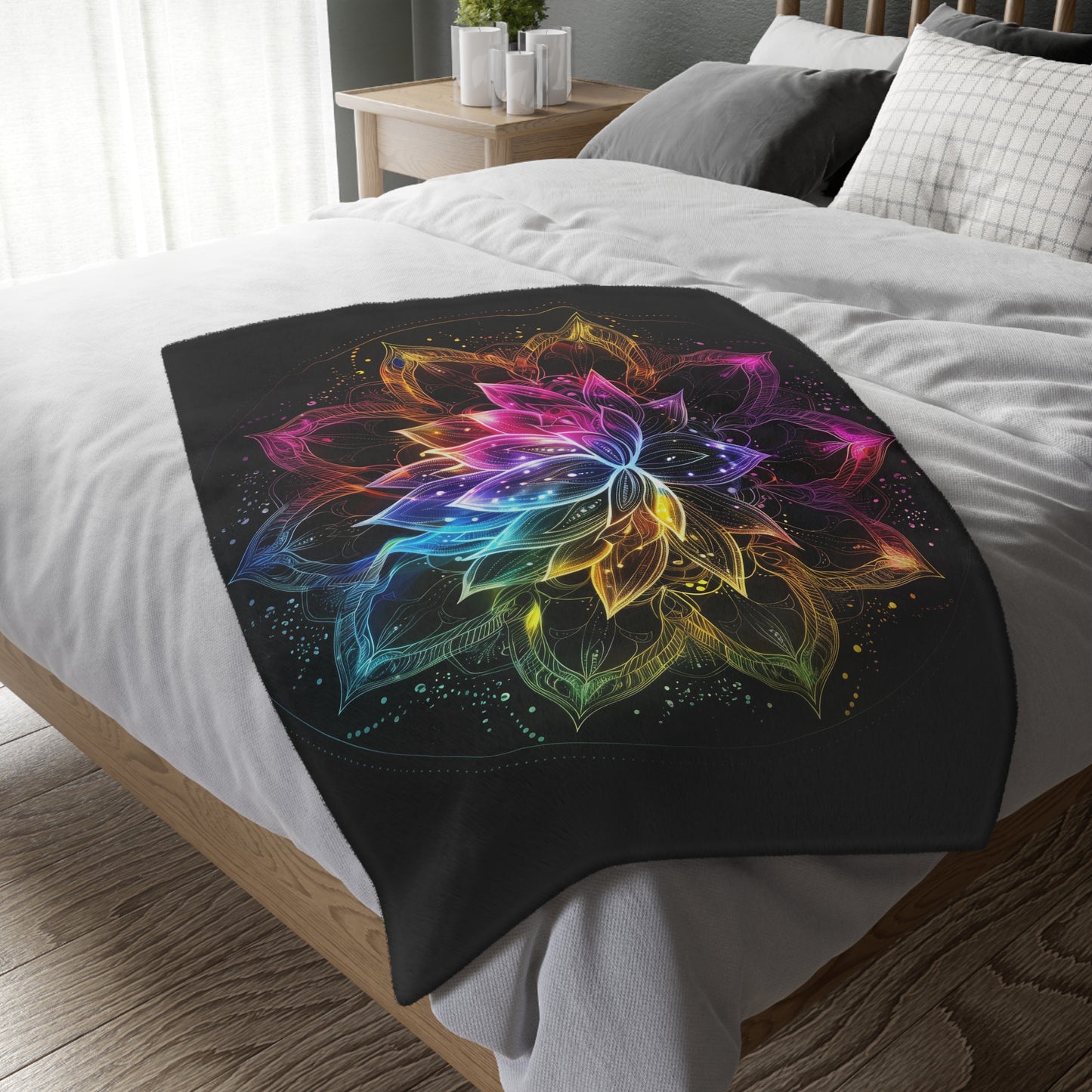 Luminous Lotus Double-Sided Throw Blanket, Vibrant Energy Motif, Radiant Floral Mandala, Cosmic Bloom Design, Ethereal Color Spectrum Art