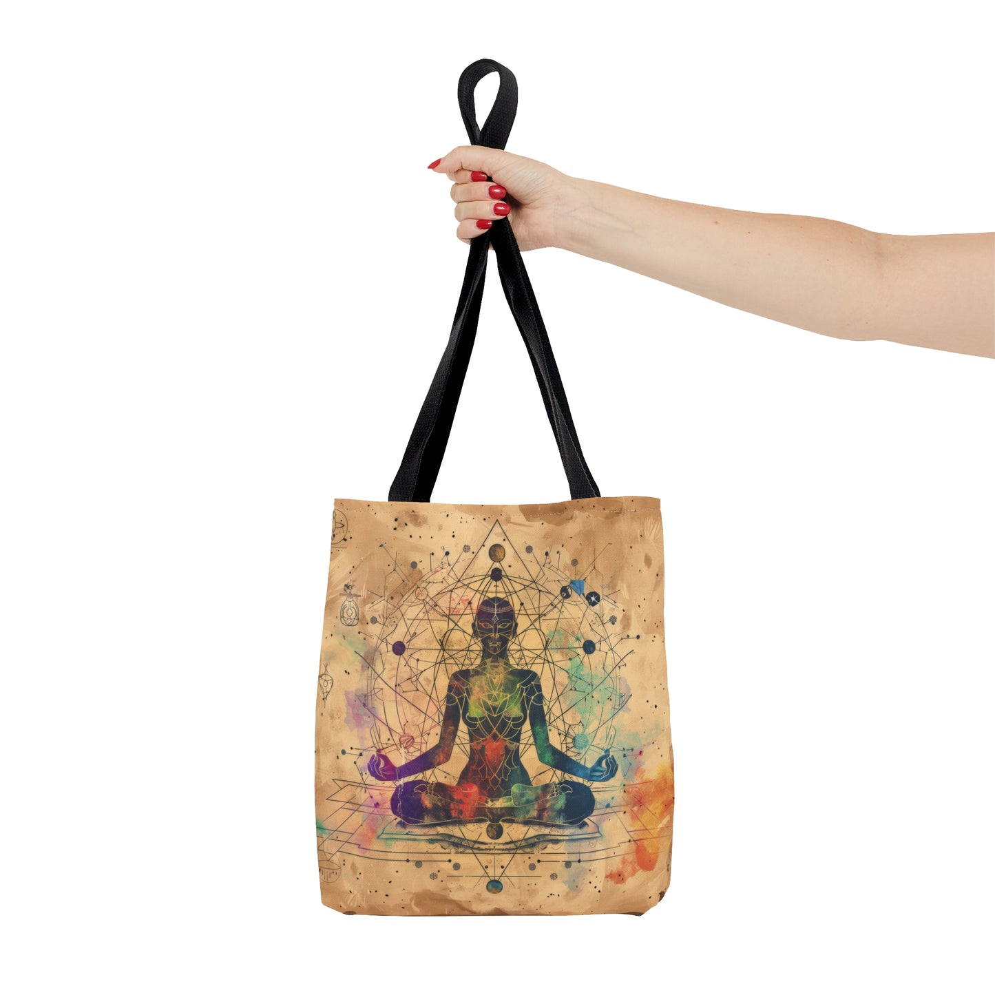 Cosmic Ether Goddess Polyester Tote Bag (Double Sided), Zen Nature Aesthetic, Sacred Geometry Style Fashion, 3 Sizes, Black Handles