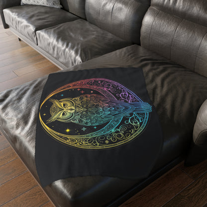 Lunar Sentinel Owl Double-Sided Throw Blanket, Moonlit Avian Emblem, Cosmic Wisdom Design, Starry Night and Lunar Motif, Mystical Moonlit Art