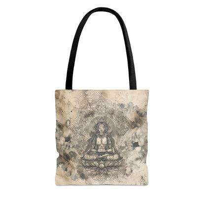 Air Goddess Polyester Tote Bag (Double Sided), Zen Nature Aesthetic, Sacred Geometry Style Fashion, 3 Sizes, Black Handles