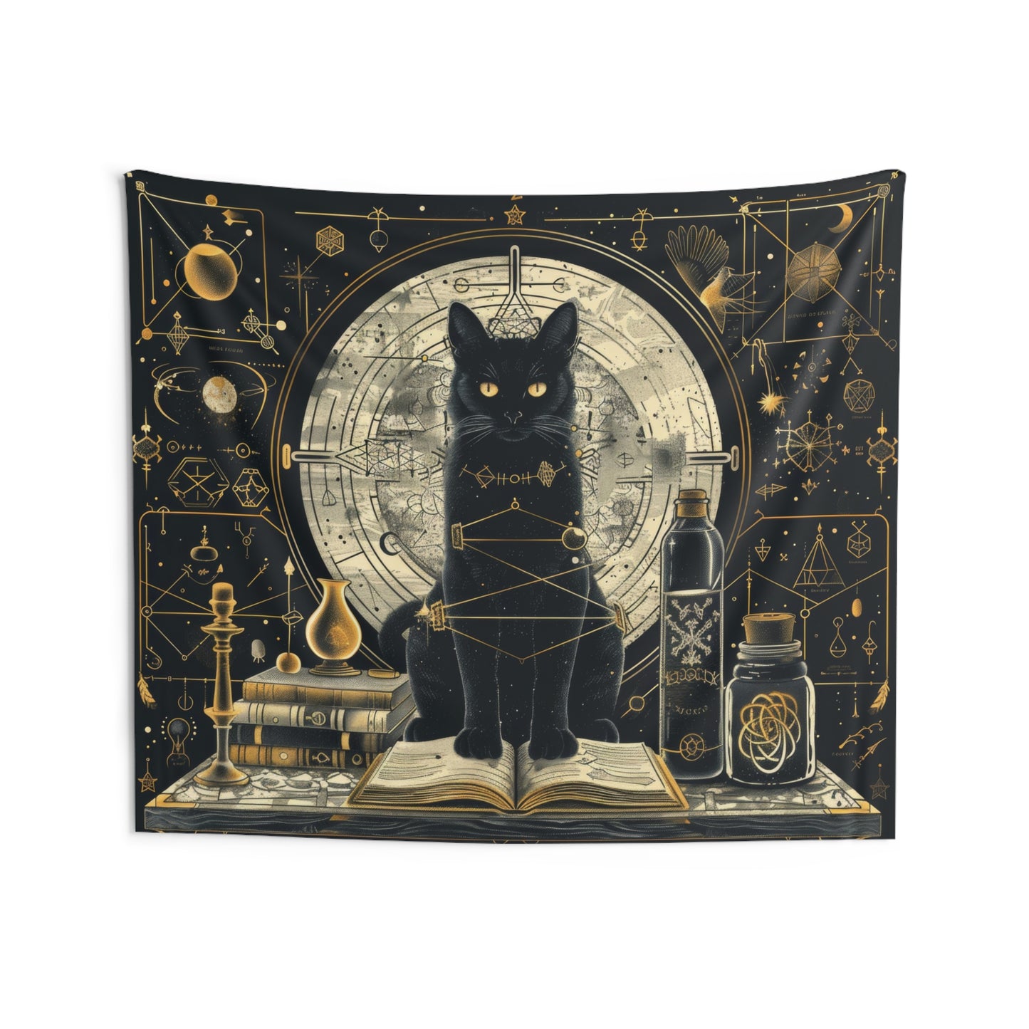 Mystical Black Cat & Magic Tomes Wall Tapestry, Enigmatic Occult Design with Geometric Patterns, Charming Decor for Bedrooms, Living Areas, and College Rooms