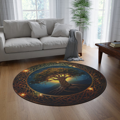 Celtic Tree of Life Mandala Round Chenille Area Rug, Ancient Occult Aesthetic, Folk Nature Style Living, Dorm & Bed Room Decor