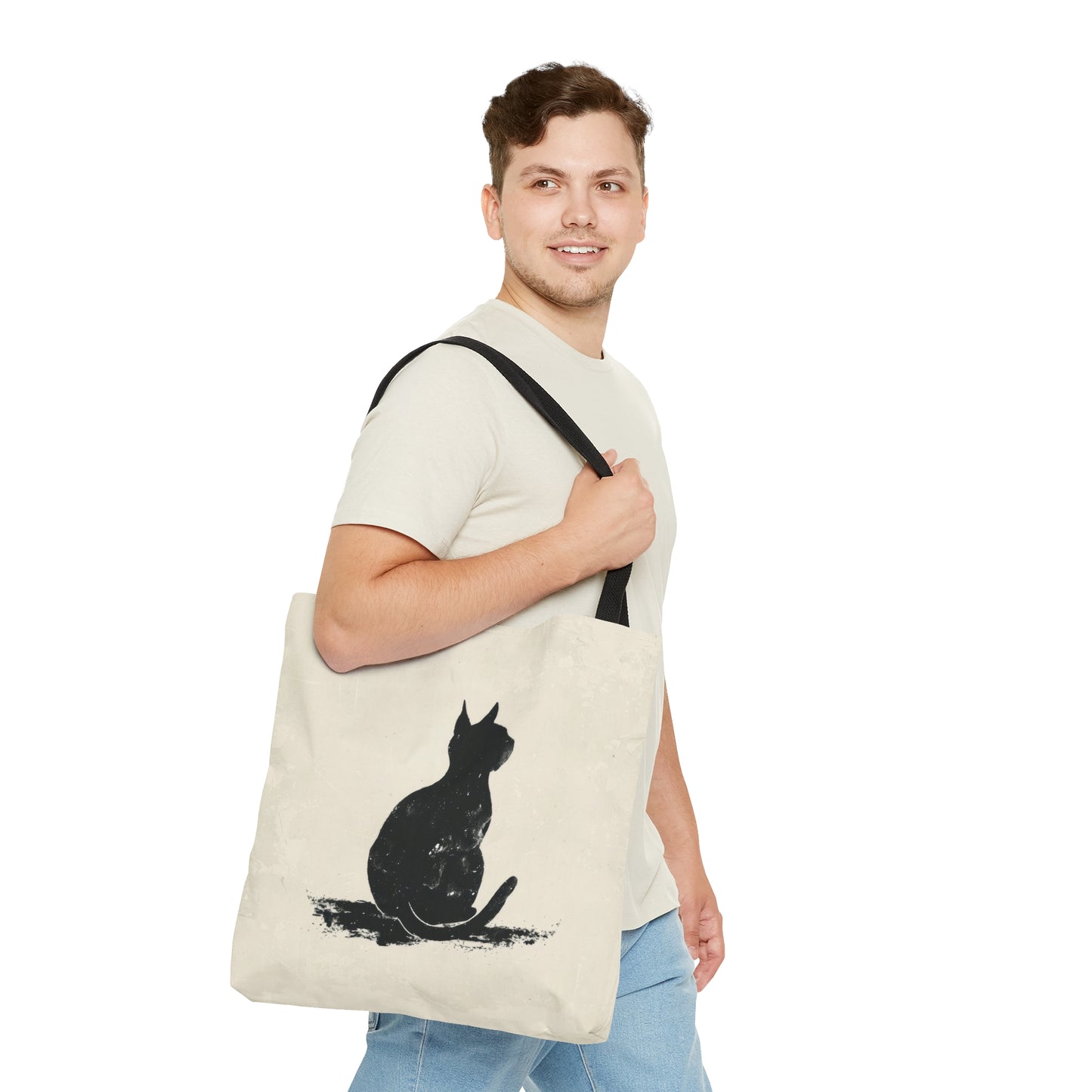 Silhouette Cat Double Sided Tote Bag (3 Sizes), Modern Minimalist Feline Art, Chic Monochrome Pet Fashion Style, Black Handles