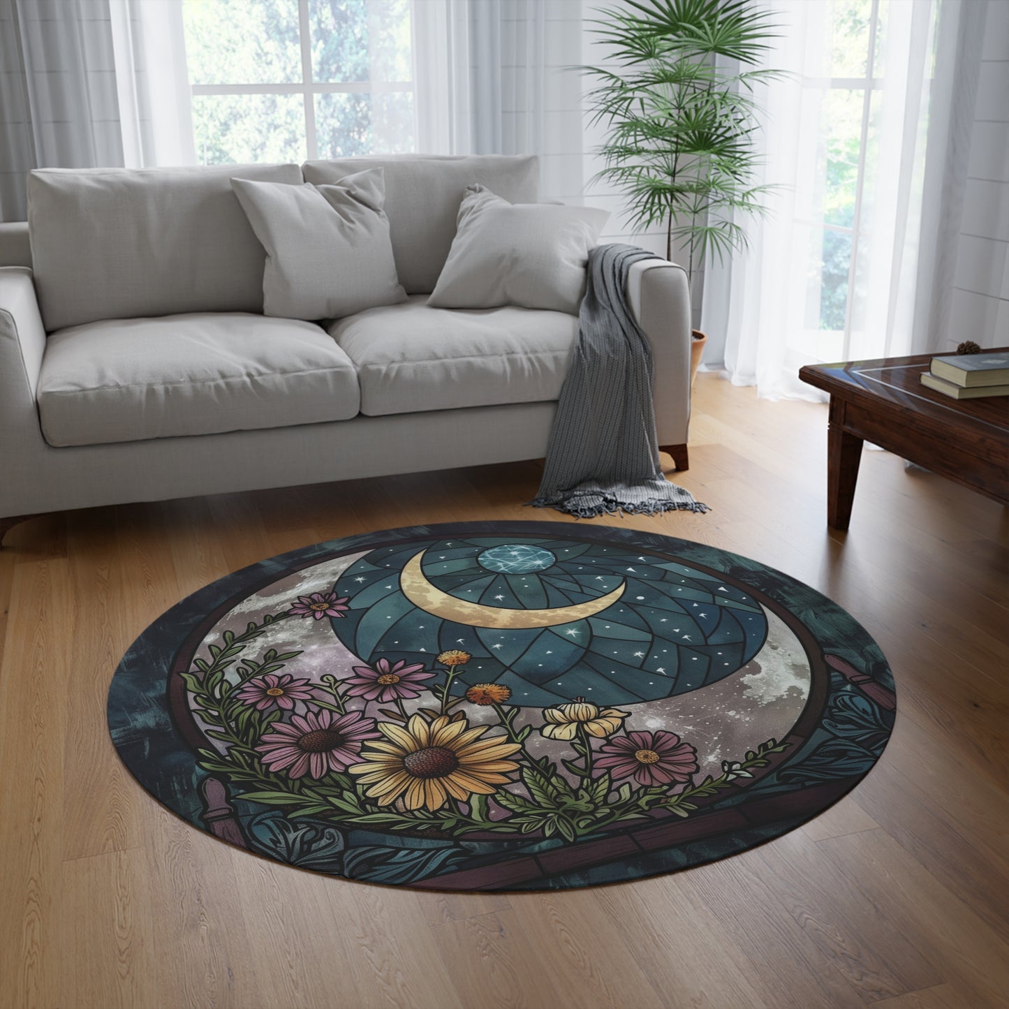 Crescent Moon and Blooms Stained Glass Chenille Rug, Enchanted Night Floral Circle Mat, Serene Home Decor for Living and Sleep Spaces