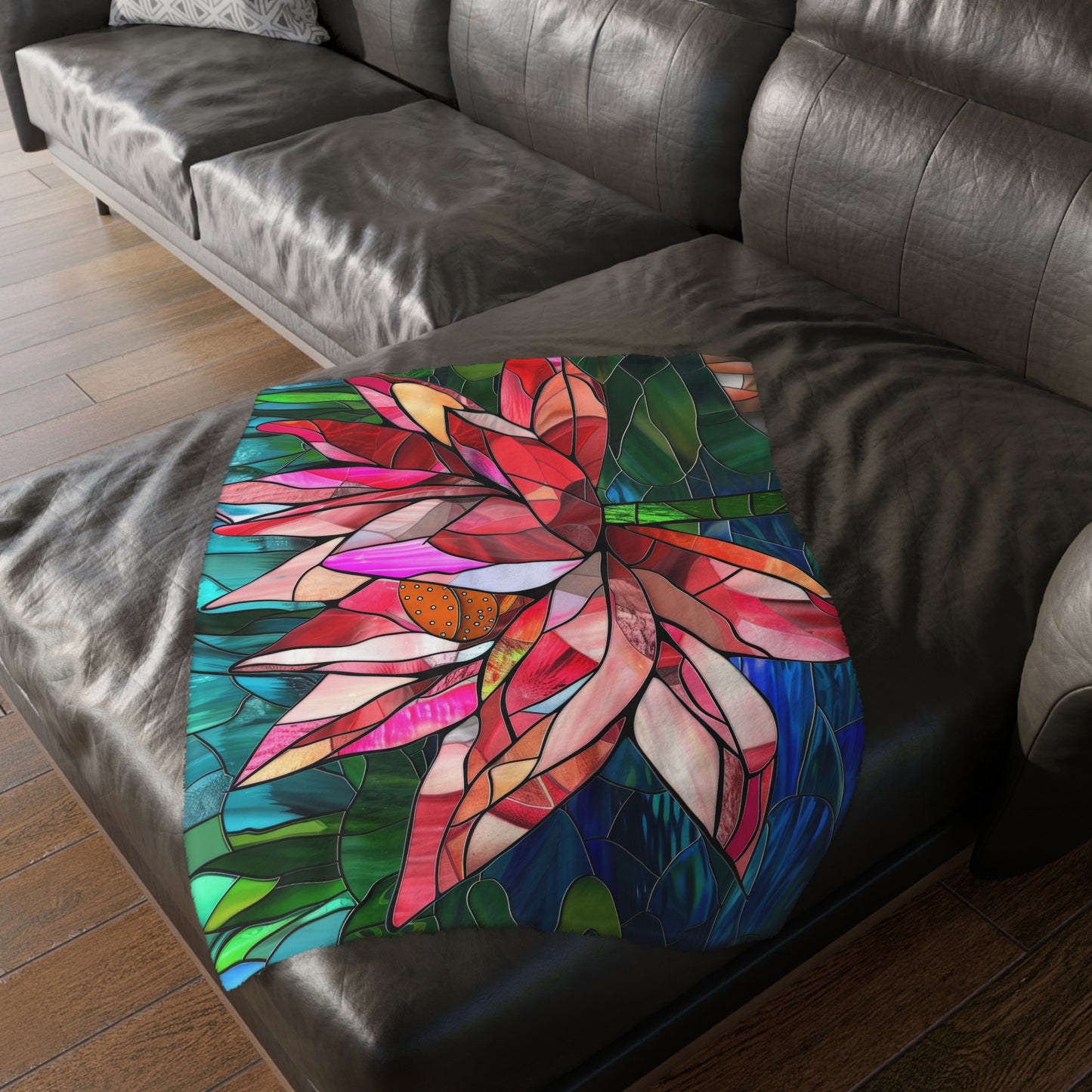 Stained Glass Lotus Blossom Double-Sided Throw Blanket, Vibrant Floral Comfort, Cozy Home Accent for Lounge & Relaxation Spaces