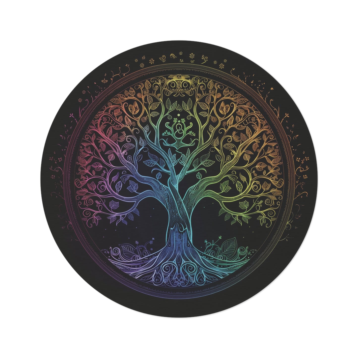 Mystic Arbor Round Chenille Area Rug, Enchanted Tree of Life Motif, Magical Spectrum Design, Folklore Forest Decor, Radiant Nature Art