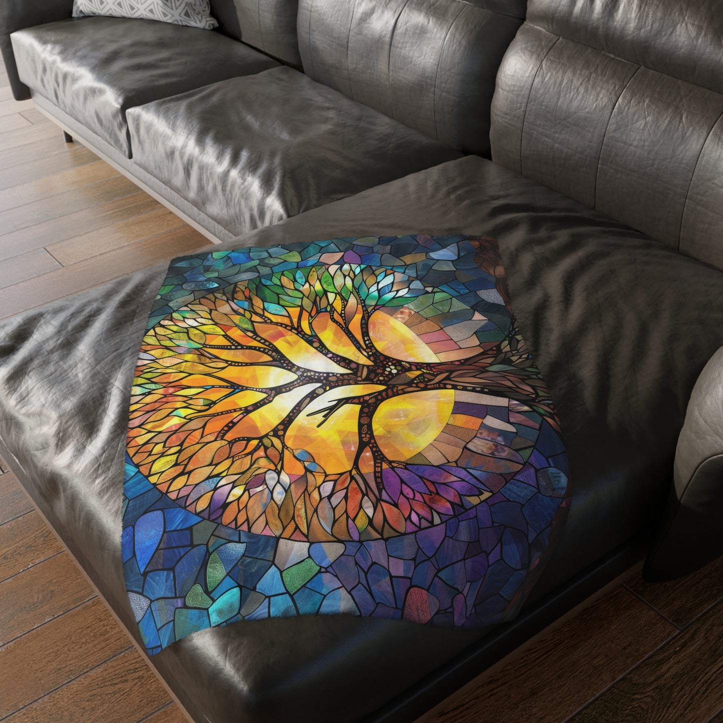 Tree of Life Stained Glass Double-Sided Throw Blanket, Vivid Nature Tapestry, Cozy Decorative Comfort for Home & Serene Retreat Spaces