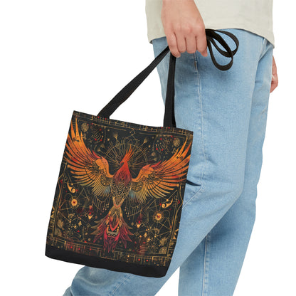 Rising Phoenix Polyester Tote Bag (Double Sided), Dark Occult and Sacred Geometry Inspired, Available in 3 Sizes with Black Handles