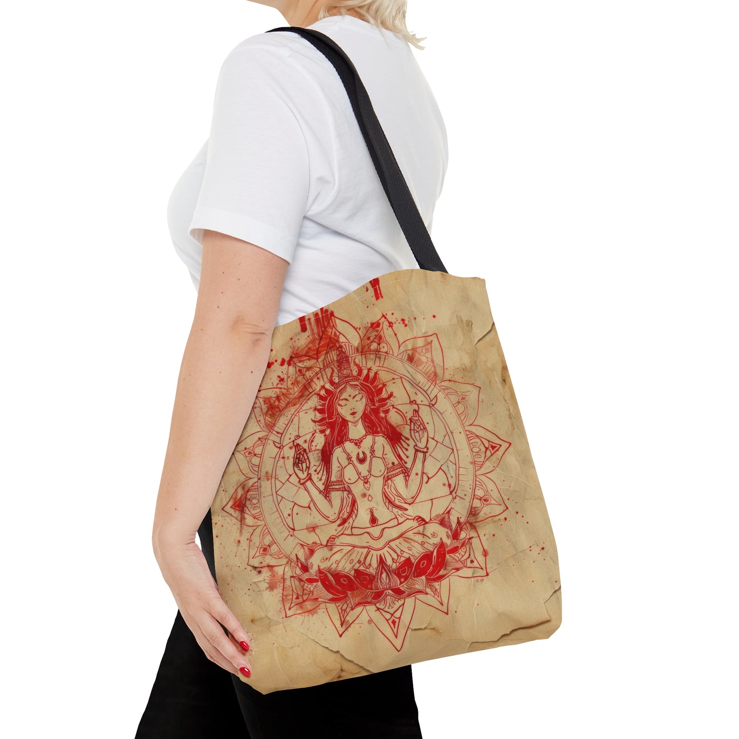 Fire Goddess Polyester Tote Bag (Double Sided), Zen Nature Aesthetic, Sacred Geometry Style Fashion, 3 Sizes, Black Handles