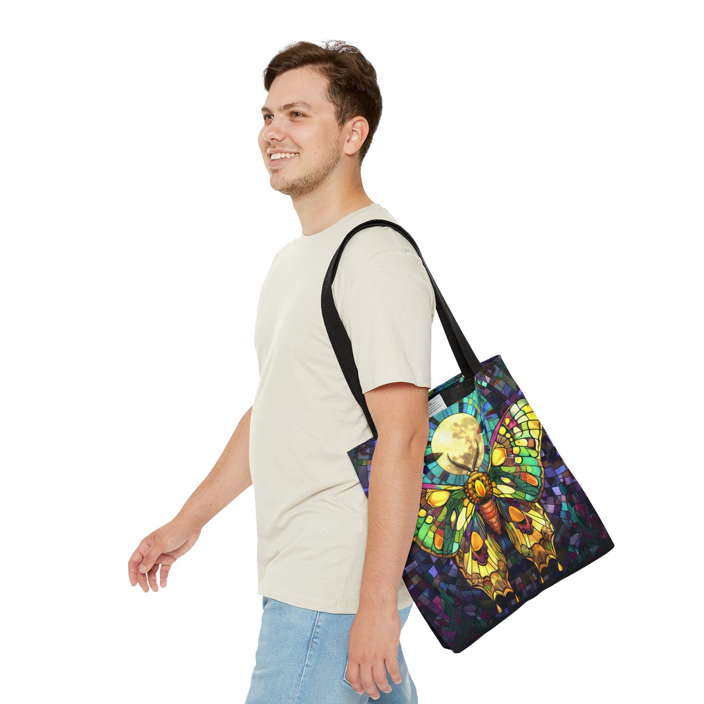 Mystic Moth & Moonlight Stained Glass Tote Bag, Enchanted Insect Design, Vibrant Accessory with Black Handles for Unique Style Statements