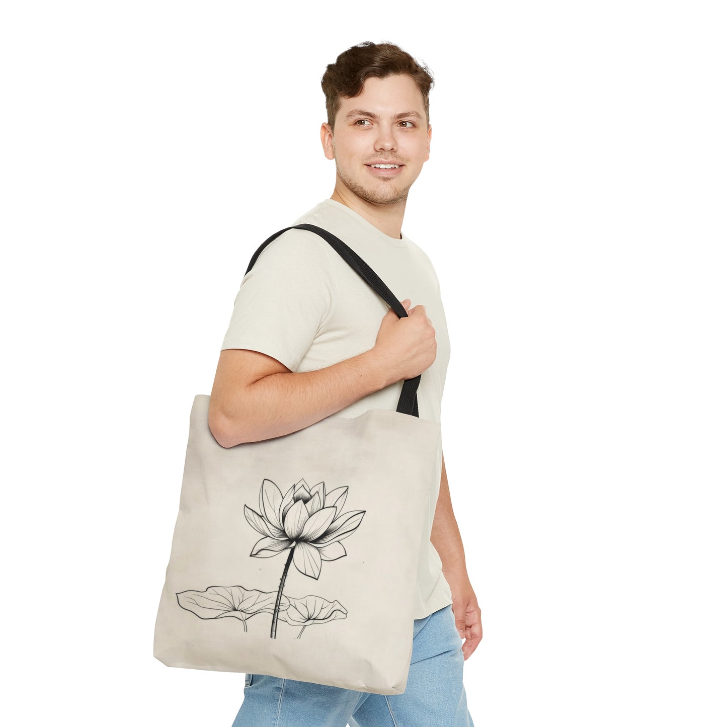 Lotus Flower Line Art Tote Bag (3 Sizes), Elegant Botanical Illustration, Peaceful Zen Fashion Style, Black Handles, Minimalist Aesthetic