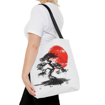 Traditional Chinese Bonsai & Red Sun Tote Bag (3 Sizes), Elegant Ink Wash Style Art, Serene Zen Fashion Style, Black Handles, Minimalist Aesthetic