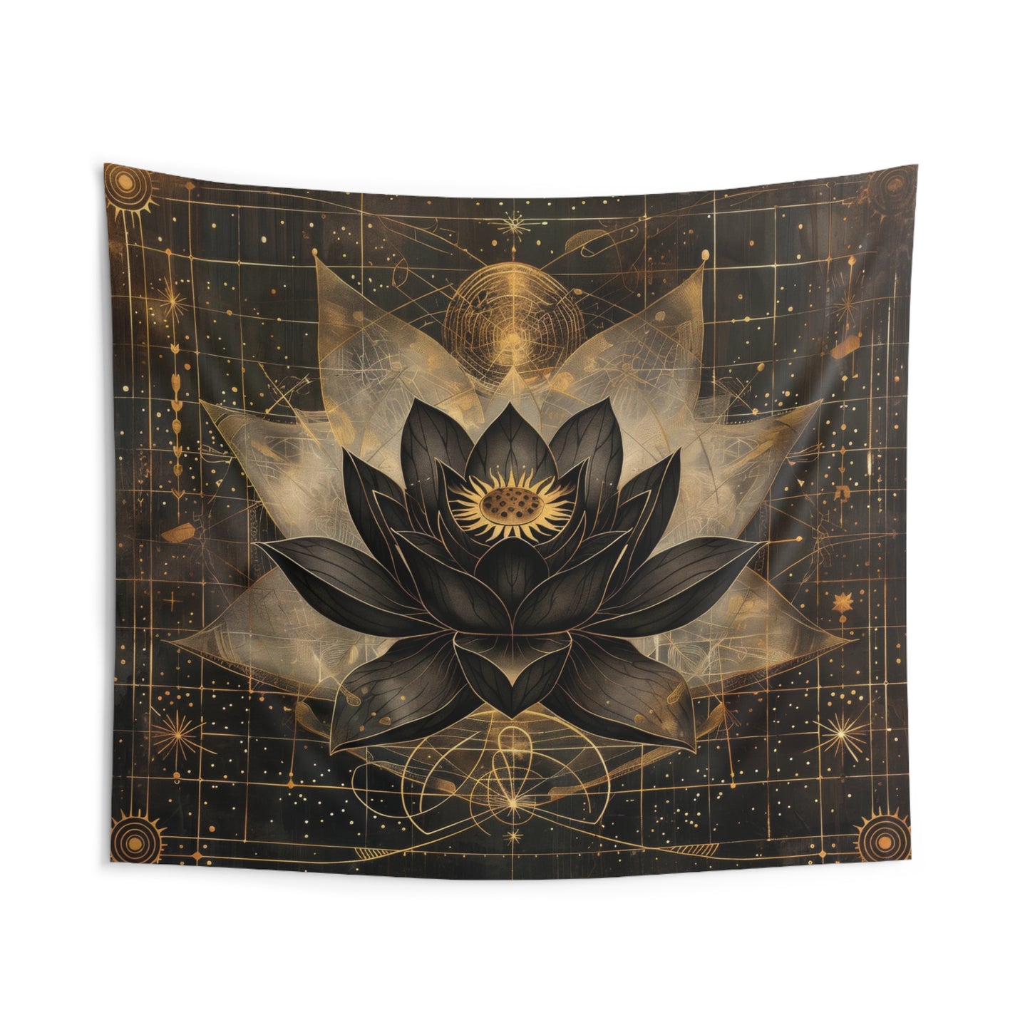 Dark Lotus Flower Indoor Wall Hanging, Mystical Esoteric Motif, Geometric Sacred Patterns Enhancing Decor for Bedrooms, Living Spaces, and Student Dorms