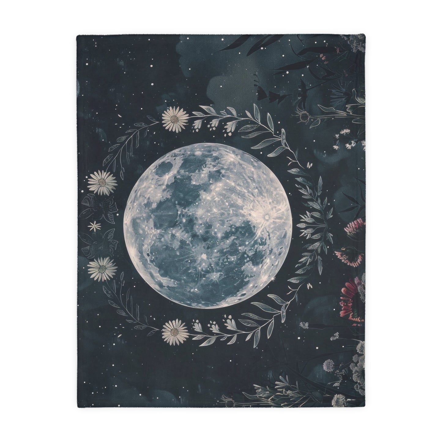 Full Moon & Wildflowers Double Sided Throw Blanket, Witchy Occult Design, Nature Lover Gift, Enchanting Aesthetic Bedroom and Living Room Decor