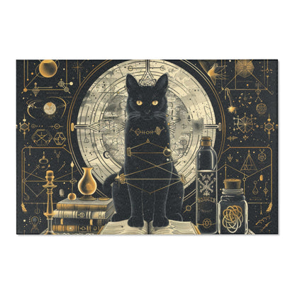 Black Cat & Spell Books Polyester Chenille Area Rug (3 Sizes), Mystical Sacred Geometry Design, Dark Occult Aesthetic Room Decor