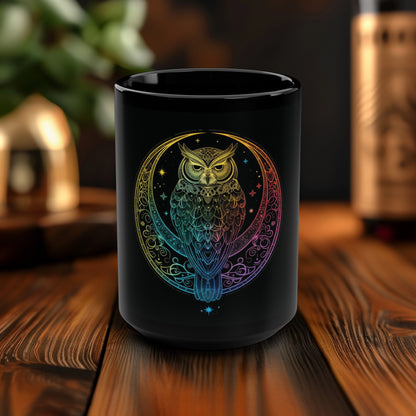 Lunar Sentinel Owl 15oz Black Ceramic Mug, Moonlit Avian Emblem, Cosmic Wisdom Design, Starry Night and Lunar Motif, Mystical Moonlit Drinkware