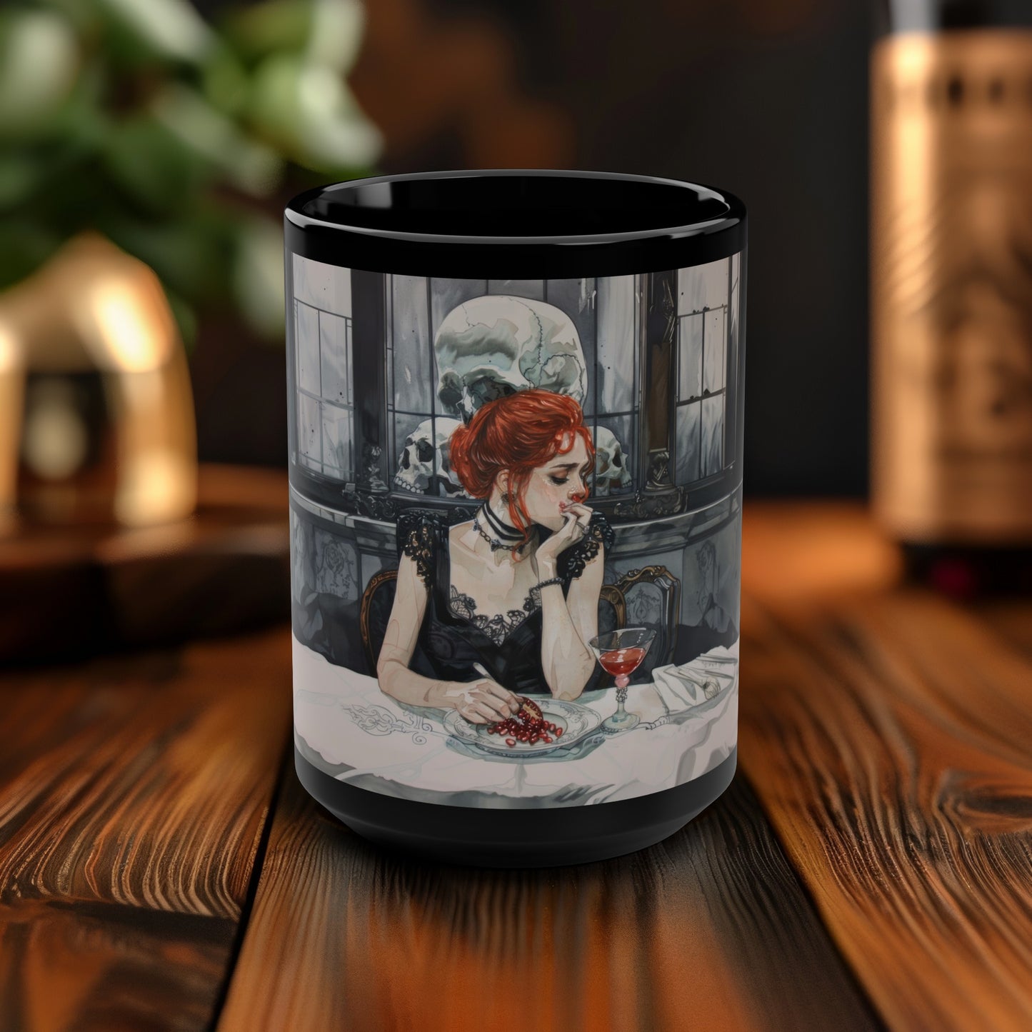 Persephone's Repose 15oz Black Ceramic Coffee Mug, Mythical Elegance, Refined Morning Rituals, Artful Tabletop Statement