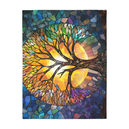 Tree of Life Stained Glass Double-Sided Throw Blanket, Vivid Nature Tapestry, Cozy Decorative Comfort for Home & Serene Retreat Spaces