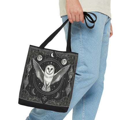 Mystical White Barn Owl Tote Bag – Dark Occult & Sacred Geometry Design, Durable Polyester in 3 Sizes with Black Handles