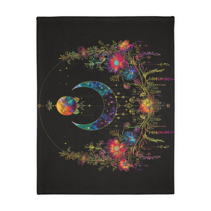 Celestial Garden Double-Sided Throw Blanket, Cosmic Bloom Aesthetic, Moonlit Floral Symphony, Starlit Wilderness Design, Galactic Botanical Art