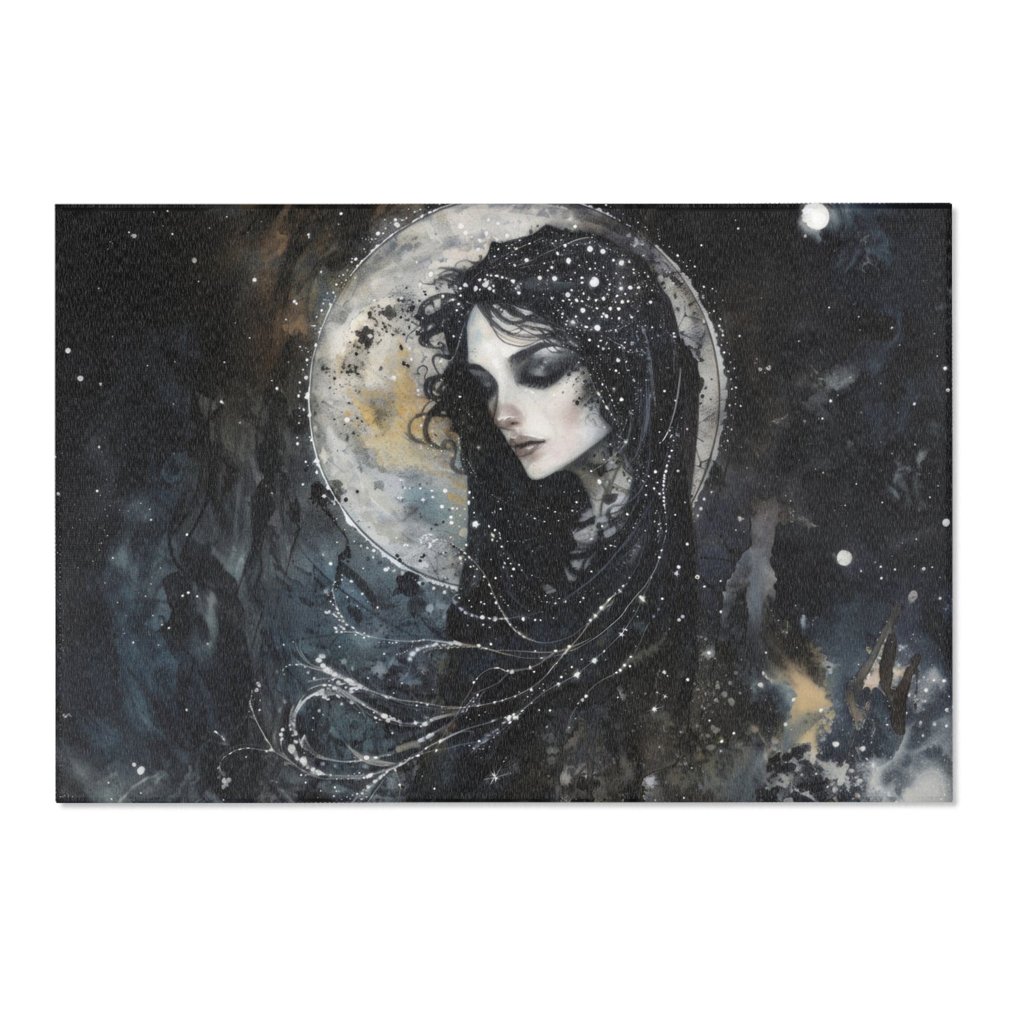 Nyx’s Nocturne Chenille Area Rug, Greek Night Deity Motif, Starry Elegance, Majestic Decor, Cosmic Ambiance Enhancer