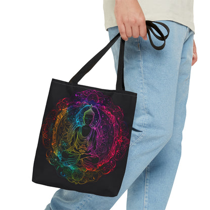 Buddha's Serene Mandala Double-Sided Tote Bag, Neon Enlightenment Motif, Spiritual Radiance, Zen Circle Design, Vibrant Meditation Accessory