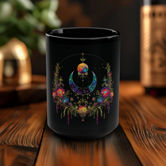 Celestial Garden 15oz Black Ceramic Mug, Cosmic Bloom Aesthetic, Moonlit Floral Symphony, Starlit Wilderness Design, Galactic Botanical Drinkware