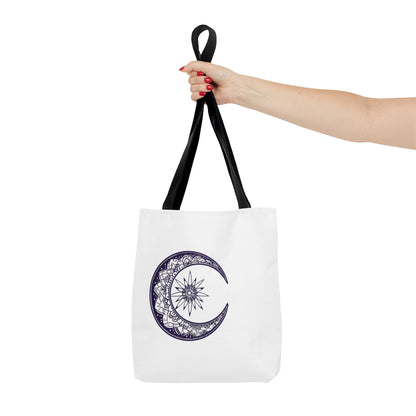 Mandala Crescent Moon Polyester Tote Bag (3 Sizes), Intricate Bohemian Design, Spiritual Zen Fashion Style, Black Handles, Celestial Aesthetic