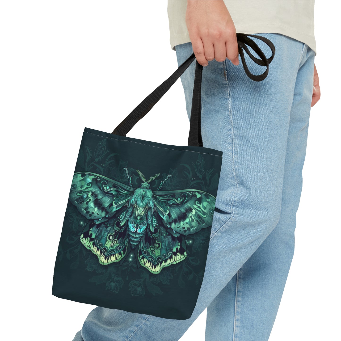 Lunar Moth Polyester Tote Bag (Double Sided), Emerald Inspired Design, Green Neon Style Fashion, 3 Sizes, Black Handles