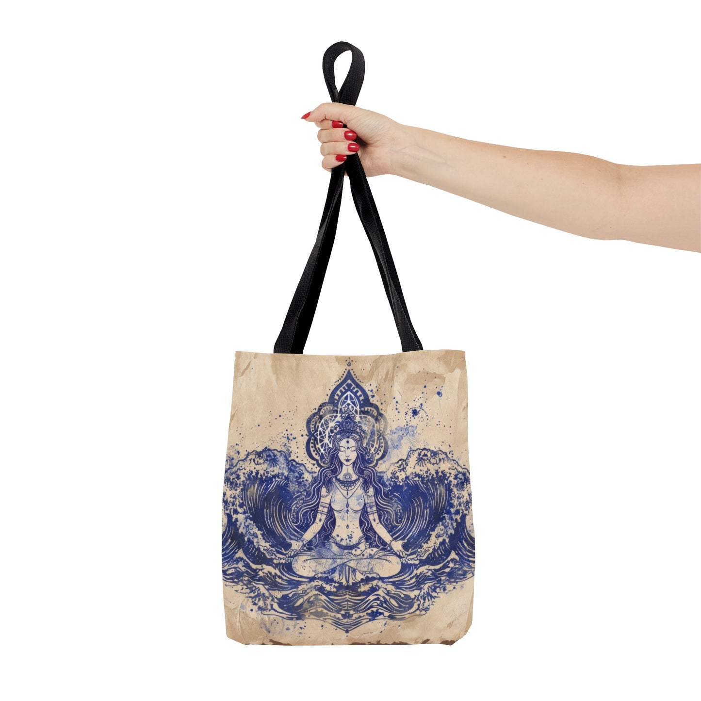 Water Goddess Polyester Tote Bag (Double Sided), Zen Nature Aesthetic, Sacred Geometry Style Fashion, 3 Sizes, Black Handles