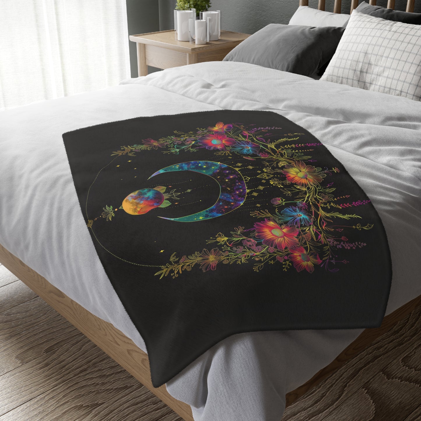 Celestial Garden Double-Sided Throw Blanket, Cosmic Bloom Aesthetic, Moonlit Floral Symphony, Starlit Wilderness Design, Galactic Botanical Art