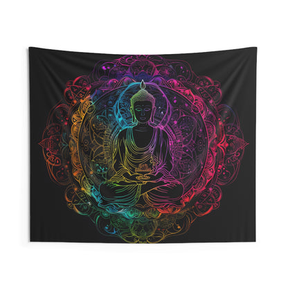 Buddha's Serene Mandala Indoor Wall Tapestry, Neon Enlightenment Motif, Spiritual Radiance, Zen Circle Design, Vibrant Meditation Wall Art