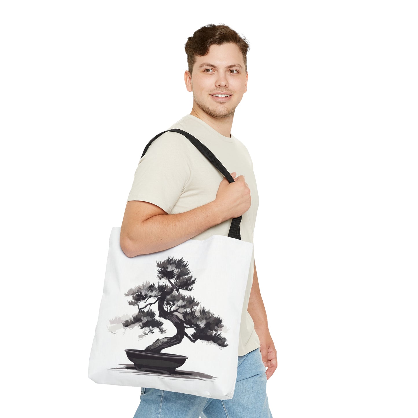 Chinese Ink Style Bonsai Tree Double Sided Tote Bag, Simple Minimalist Aesthetic, Zen Nature Fashion Style, Black Handles, 3 Sizes