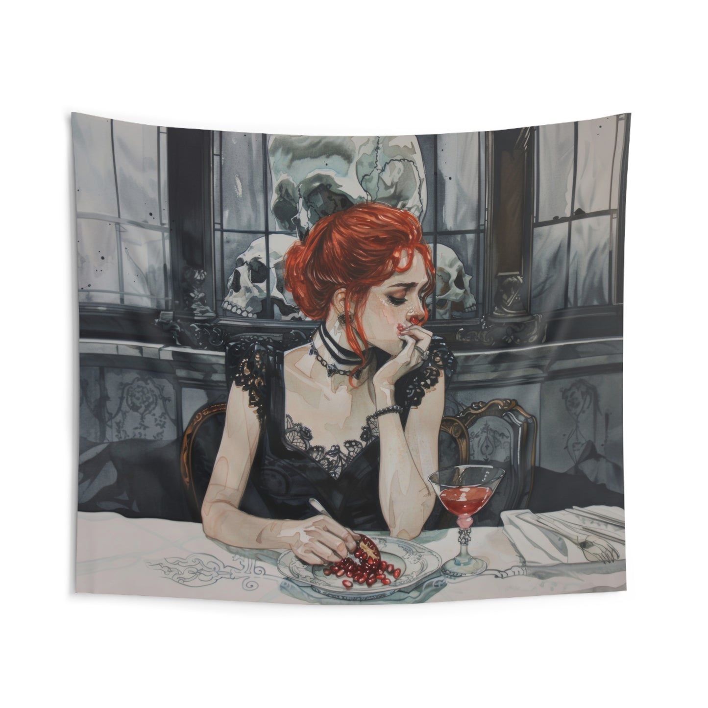 Persephone's Repose Wall Tapestry, Pomegranate & Elegance Art, Enigmatic Decor for Myth-Inspired Interiors