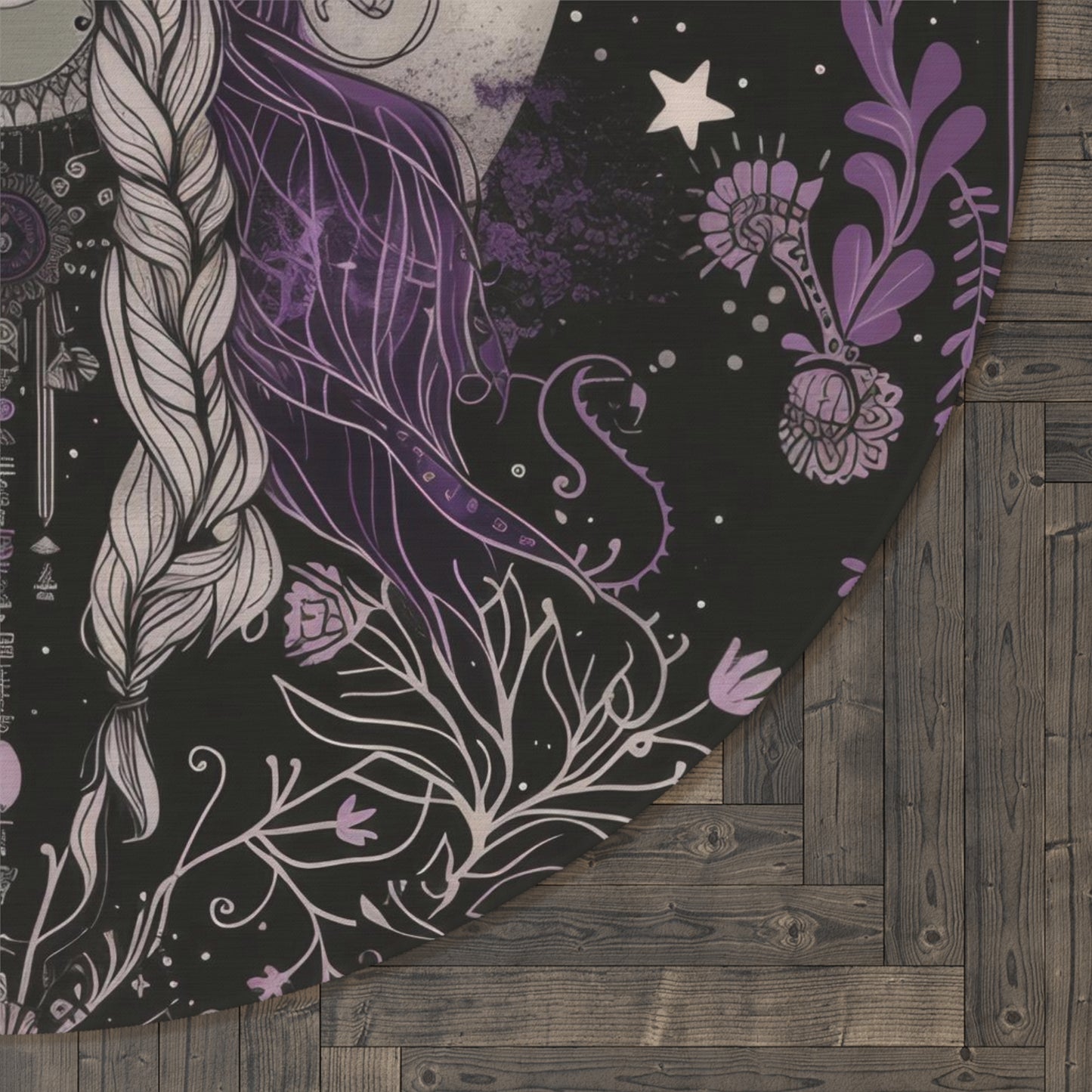 Lunar Goddess & Wildflowers Round Chenille Rug for Meditation, Living Room, and Bedroom – Full Moon and Dark Occult Design