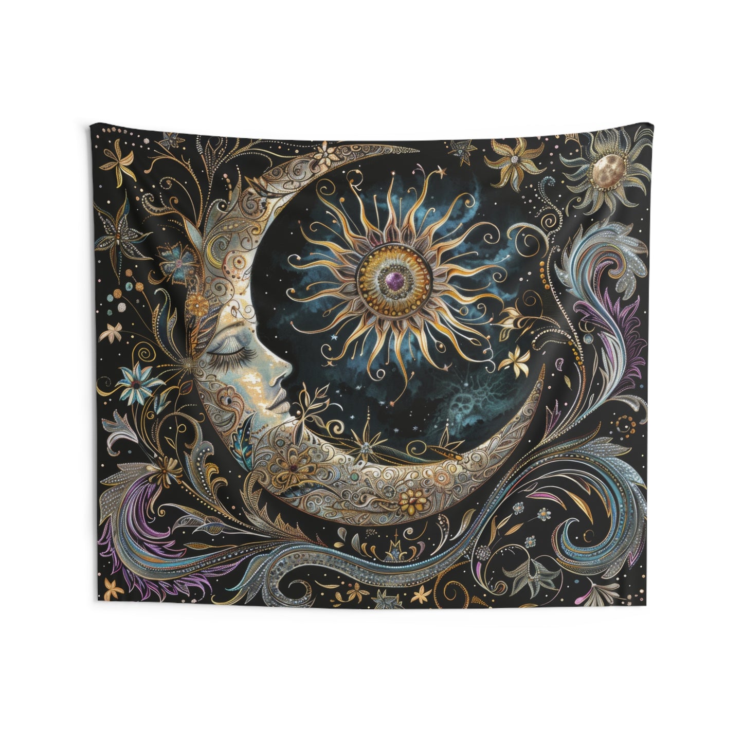 Crescent Moon & Sun Indoor Wall Tapestry – Mystical Art Nouveau and Folk Decor for Home