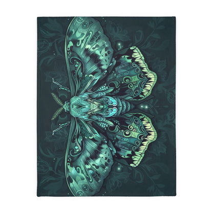 Lunar Moth Double Sided Throw Blanket, Vibrant Emerald Design, Neon Aesthetic, Mystical Magical Bedroom, Living, and Dorm Room Decor