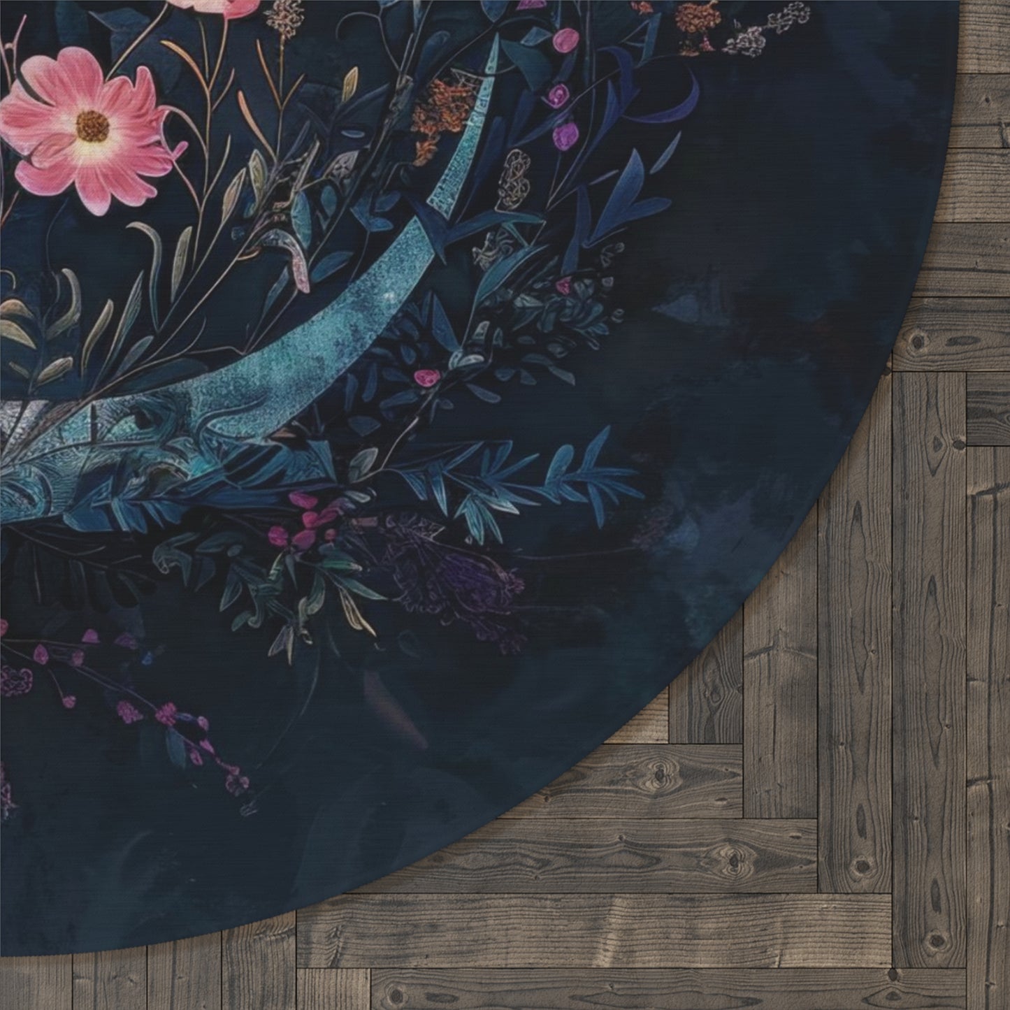 Crescent Moon & Wildflower Mandala Chenille Round Area Rug, Dark Occult Aesthetic, Lunar Lover Bedroom, Living Room and Meditation Space