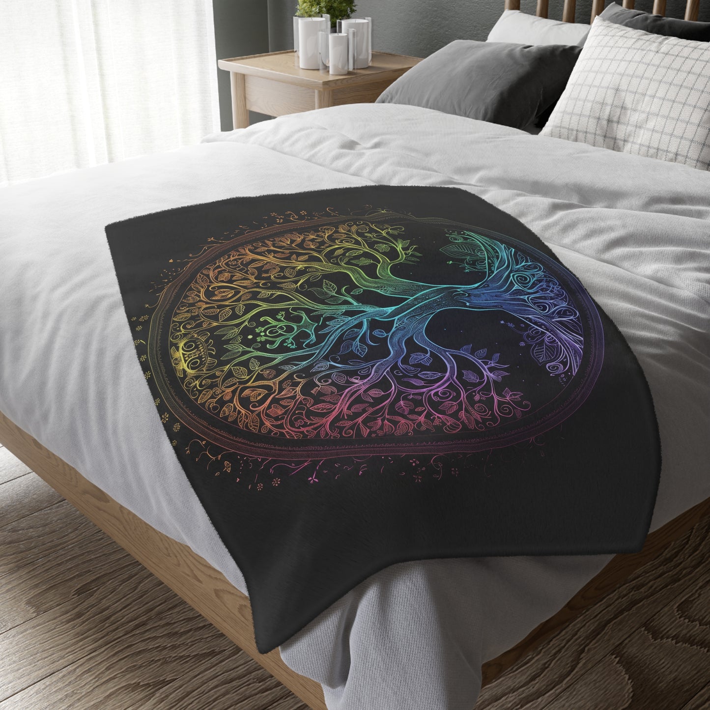 Mystic Arbor Double-Sided Throw Blanket, Enchanted Tree of Life Motif, Magical Spectrum Design, Folklore Forest Decor, Radiant Nature Art