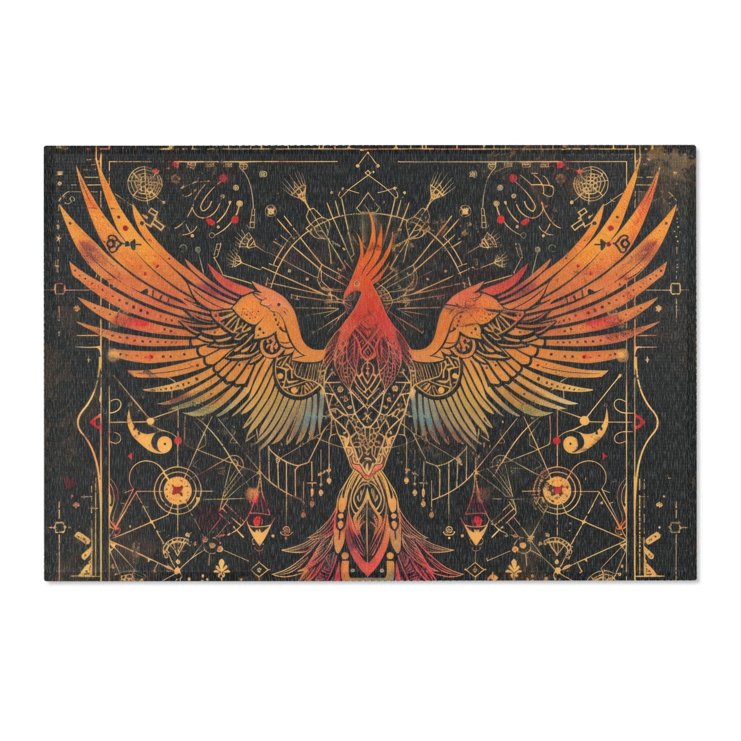 Rising Phoenix Polyester Chenille Area Rug (3 Sizes), Sacred Geometry Aesthetic, Dark Occult Bedroom, Living Room & Dorm Room Decor