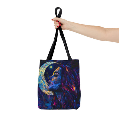 Celestial Lunar Goddess Stained Glass Tote Bag, Ethereal Night Sky Design, Artistic Carryall with Black Handles for Daily Use & Inspiration