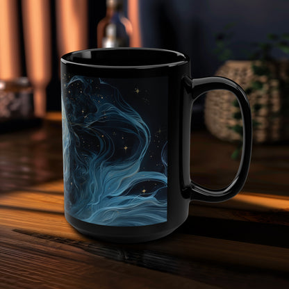 Selene's Moonlit Reverie 15oz Black Ceramic Mug, Goddess of the Moon Design, Celestial Elegance, Nocturnal Charm Sipware