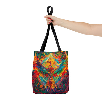 Psychedelic Rainbow Phoenix Double Sided Tote Bag, Street Art Aesthetic, Vibrant Colorful Fashion Style, 3 Sizes, Black Handles