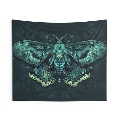 Neon Lunar Moth Wall Tapestry – Emerald Glow Mystical Decor for Bedrooms and Living Spaces