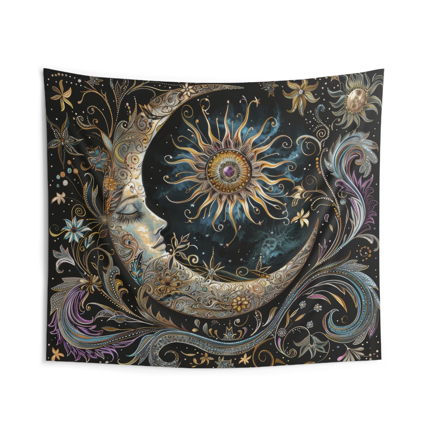 Crescent Moon & Sun Indoor Wall Tapestry – Mystical Art Nouveau and Folk Decor for Home